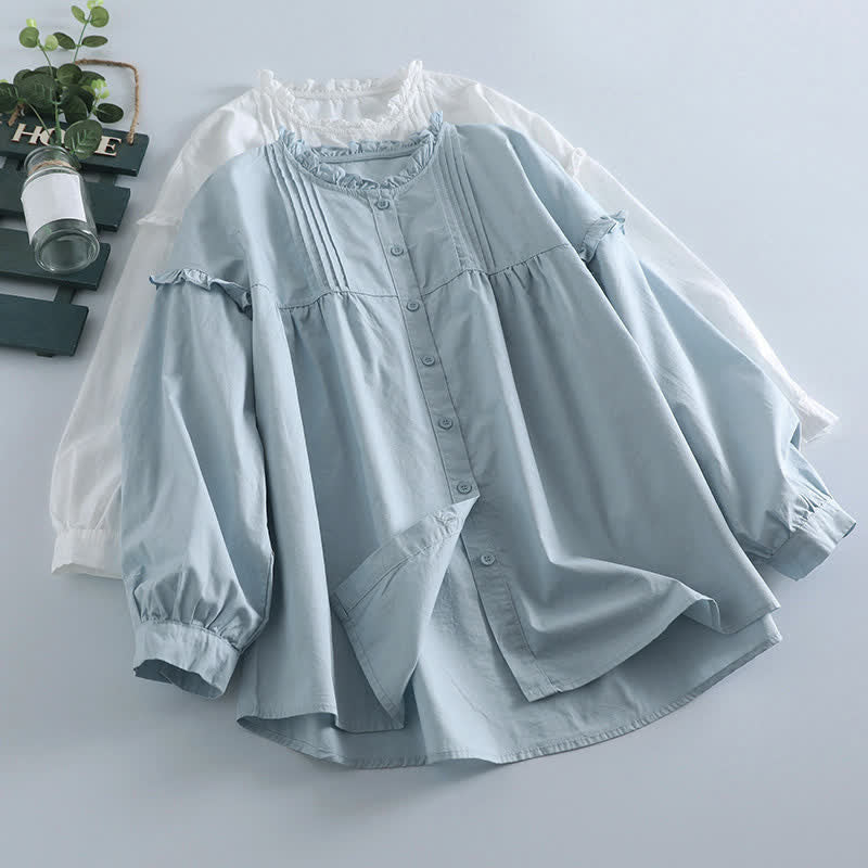Buddha Stones Spring Casual Vintage Button-Up Solid Pleated Women's Long Sleeve Shirts - image 6