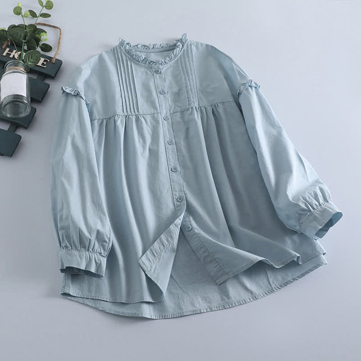 Buddha Stones Spring Casual Vintage Button-Up Solid Pleated Women's Long Sleeve Shirts - LightBlue - US8-10, UK/AU12-14, EU40-42 (2XL) - image 0