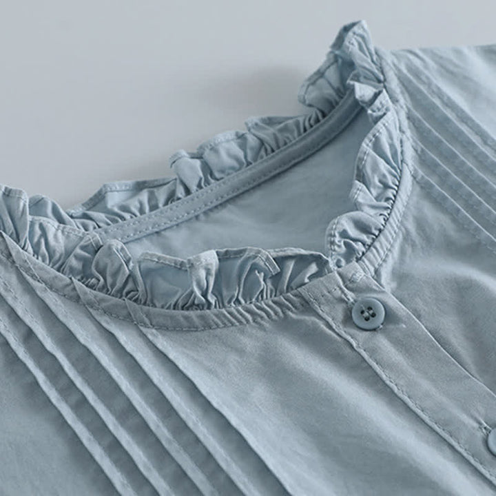 Buddha Stones Spring Casual Vintage Button-Up Solid Pleated Women's Long Sleeve Shirts - image 1