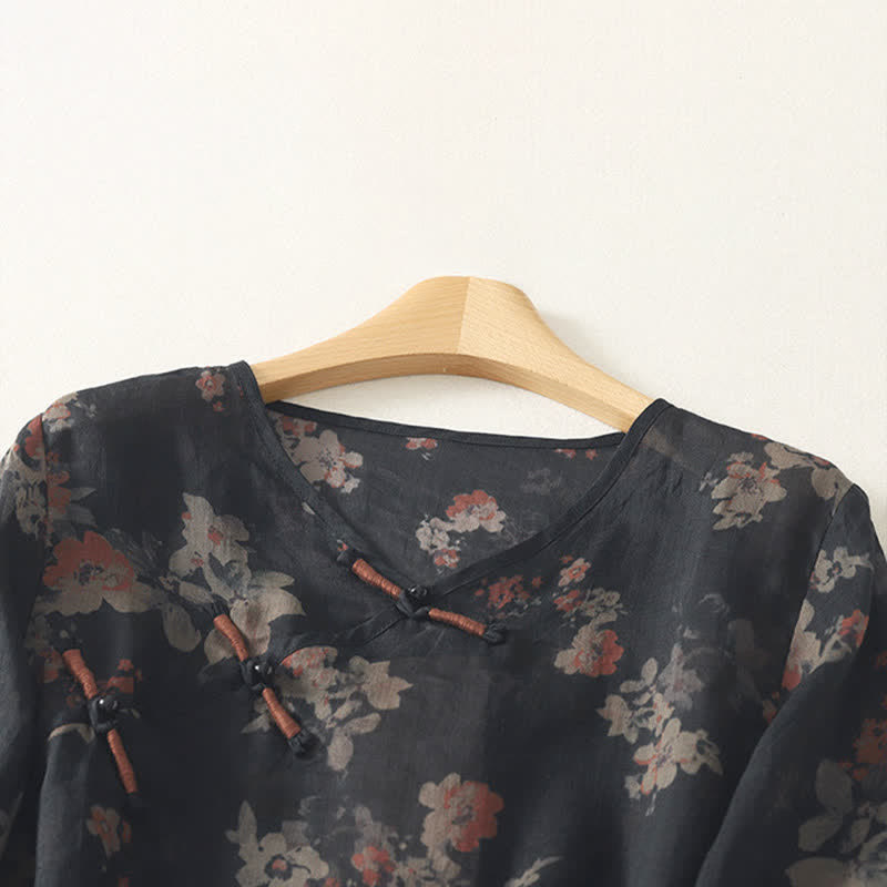 Buddha Stones Summer Tang Style Vintage Frog Button V-Neck Floral Women's Elbow-Length Sleeve Shirts - image 1