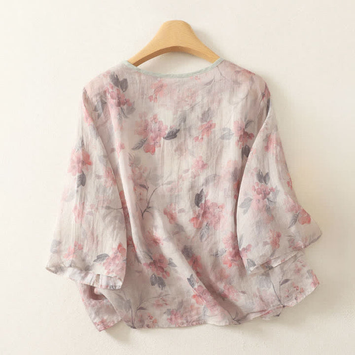 Buddha Stones Summer Tang Style Vintage Frog Button V-Neck Floral Women's Elbow-Length Sleeve Shirts - image 6