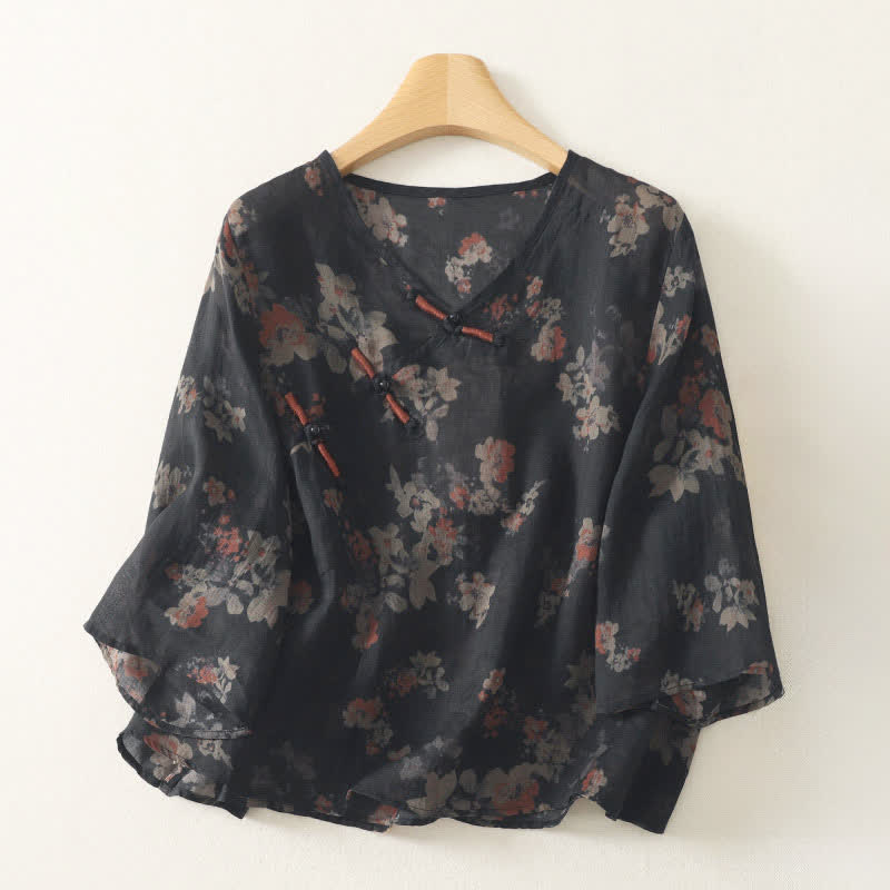 Buddha Stones Summer Tang Style Vintage Frog Button V-Neck Floral Women's Elbow-Length Sleeve Shirts - Black - US12, UK/AU16, EU44 (3XL) - image 0