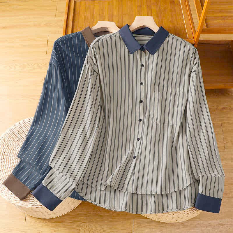 Buddha Stones Spring Summer Casual Minimalist Button-Up Striped Contrast Trim Women's Long Sleeve Shirts With Patch Pocket - image 0