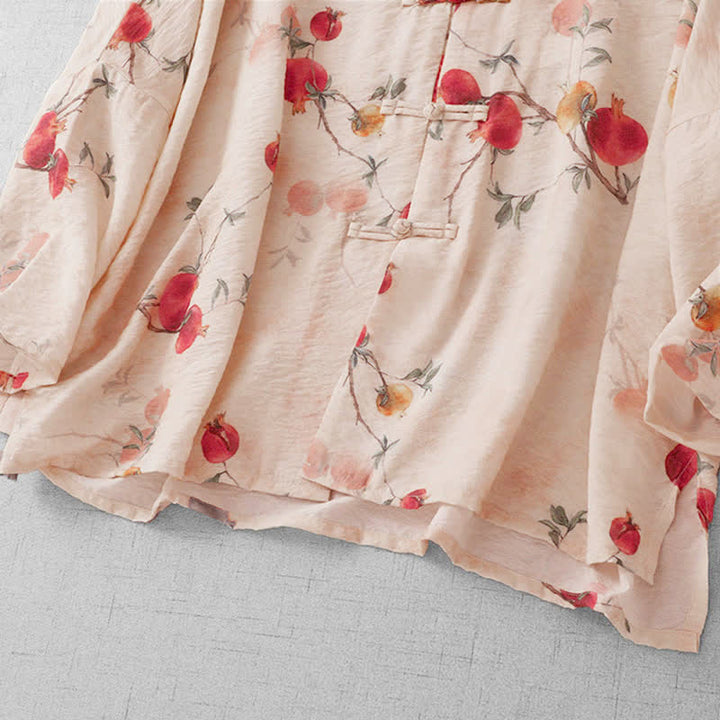Buddha Stones Summer Tang Style Vintage Frog Button Pomegranate Print Women's Long Sleeve Shirts - image 5