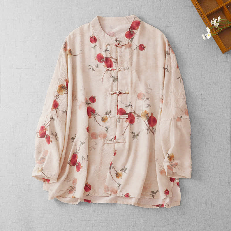 Buddha Stones Summer Tang Style Vintage Frog Button Pomegranate Print Women's Long Sleeve Shirts - Beige - US14, UK/AU18, EU46 (2XL) - image 0
