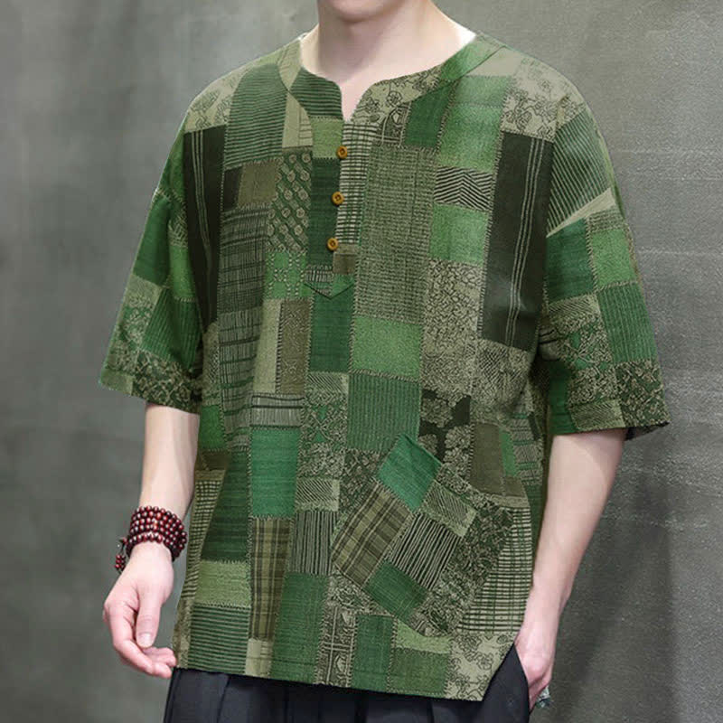 Buddha Stones Summer Casual Boho Patchwork Plaid Design Men's Short Sleeve Shirts With Patch Pocket - image 6