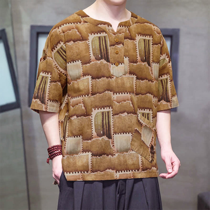 Buddha Stones Summer Casual Boho Patchwork Plaid Design Men's Short Sleeve Shirts With Patch Pocket - image 15