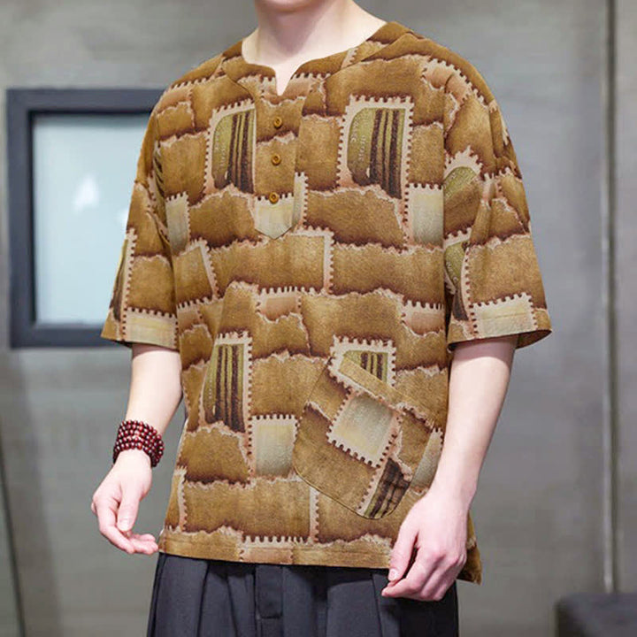 Buddha Stones Summer Casual Boho Patchwork Plaid Design Men's Short Sleeve Shirts With Patch Pocket - DarkGoldenrod - US/UK/AU46, EU56 (5XL) - image 9