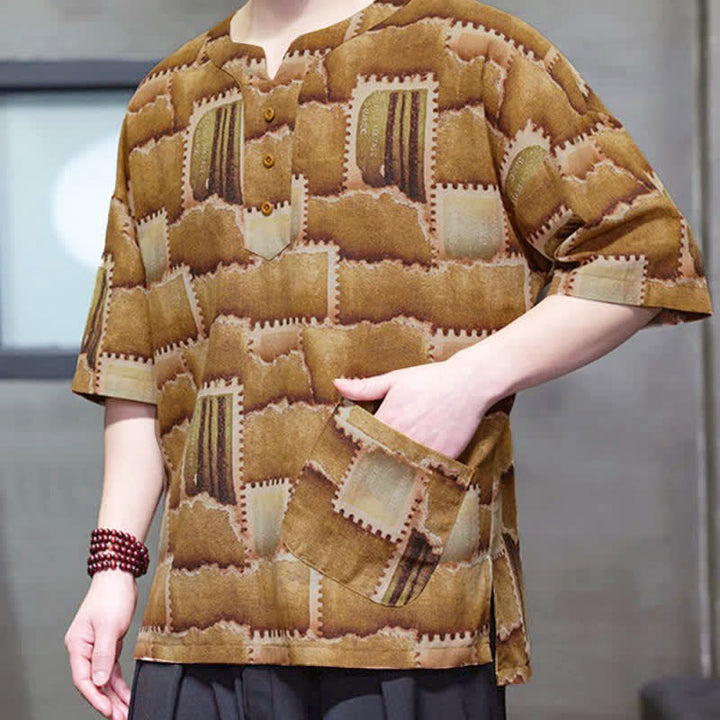 Buddha Stones Summer Casual Boho Patchwork Plaid Design Men's Short Sleeve Shirts With Patch Pocket - image 14