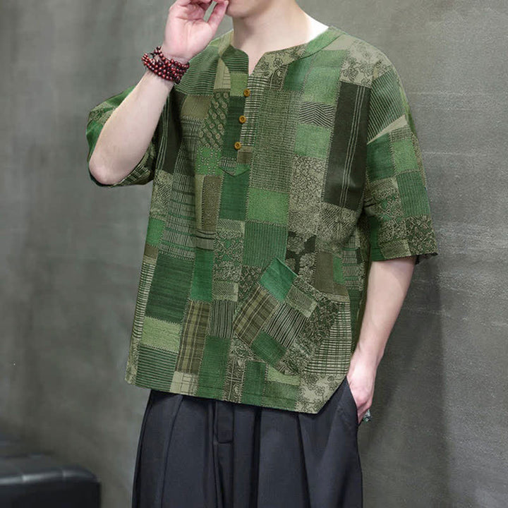 Buddha Stones Summer Casual Boho Patchwork Plaid Design Men's Short Sleeve Shirts With Patch Pocket - image 8