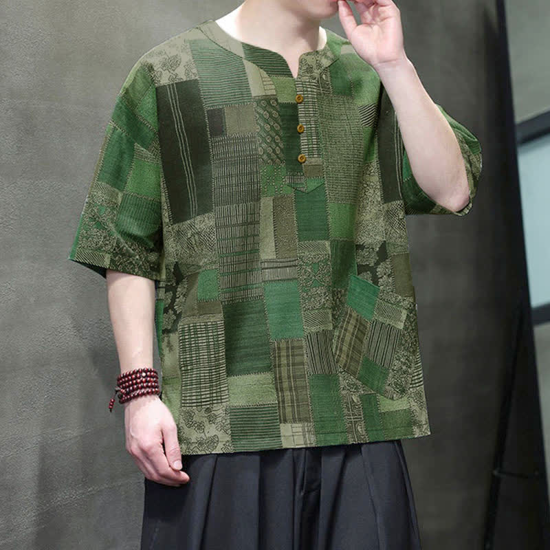 Buddha Stones Summer Casual Boho Patchwork Plaid Design Men's Short Sleeve Shirts With Patch Pocket - image 7