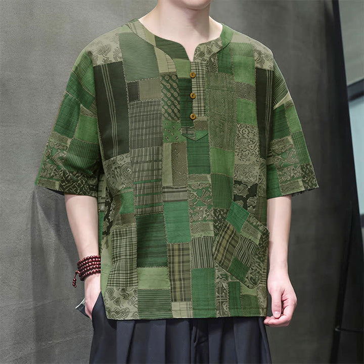 Buddha Stones Summer Casual Boho Patchwork Plaid Design Men's Short Sleeve Shirts With Patch Pocket - image 2
