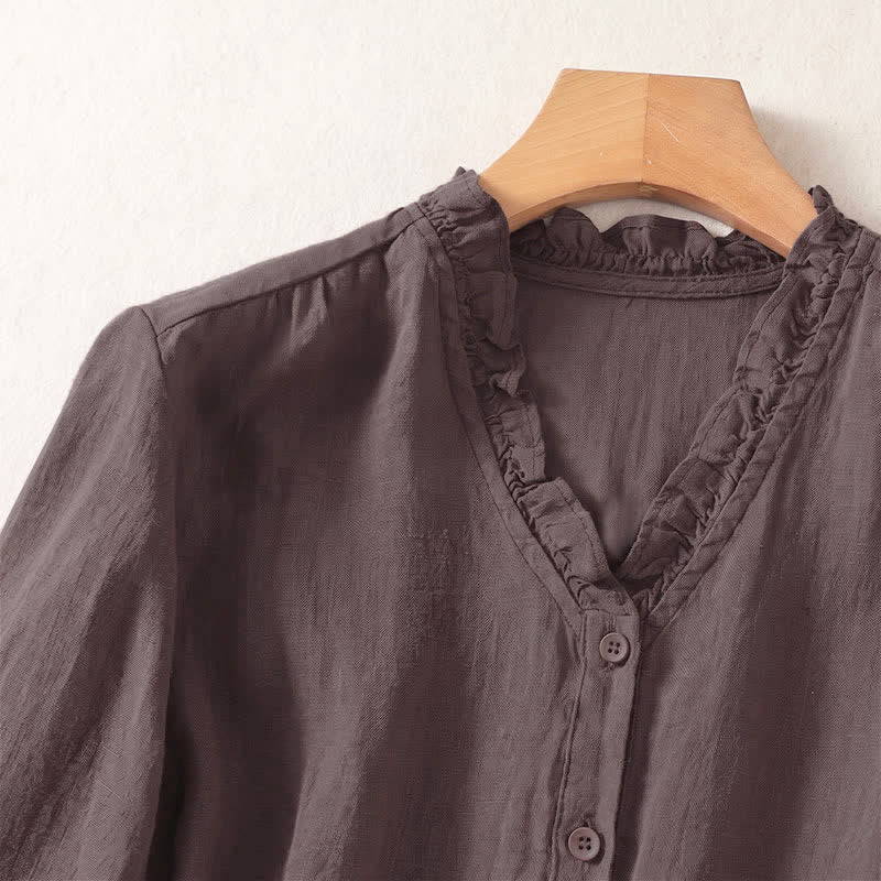 Buddha Stones Spring Summer Casual Button-Up Solid Women's Short Sleeve Shirts - image 2