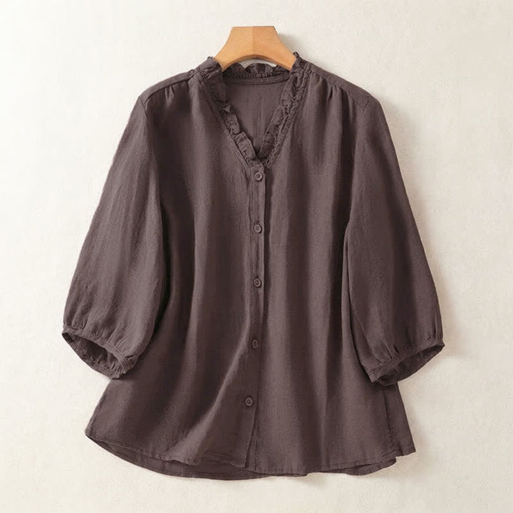 Buddha Stones Spring Summer Casual Button-Up Solid Women's Short Sleeve Shirts - SaddleBrown - US8-10, UK/AU12-14, EU40-42 (2XL) - image 0