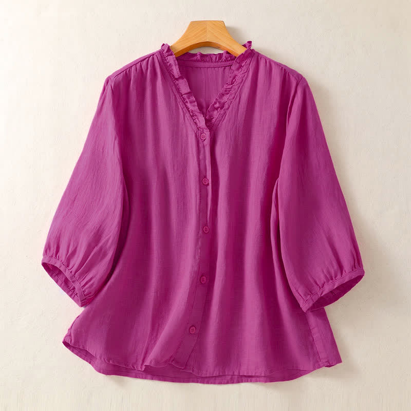 Buddha Stones Spring Summer Casual Button-Up Solid Women's Short Sleeve Shirts - MediumVioletRed - US8-10, UK/AU12-14, EU40-42 (2XL) - image 6