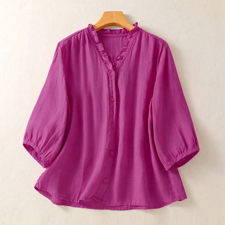 Buddha Stones Spring Summer Casual Button-Up Solid Women's Short Sleeve Shirts - MediumVioletRed - US8-10, UK/AU12-14, EU40-42 (2XL) - image 6