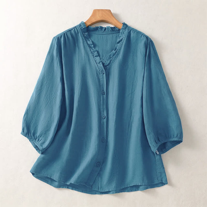 Buddha Stones Spring Summer Casual Button-Up Solid Women's Short Sleeve Shirts - MediumTurquoise - US8-10, UK/AU12-14, EU40-42 (2XL) - image 13