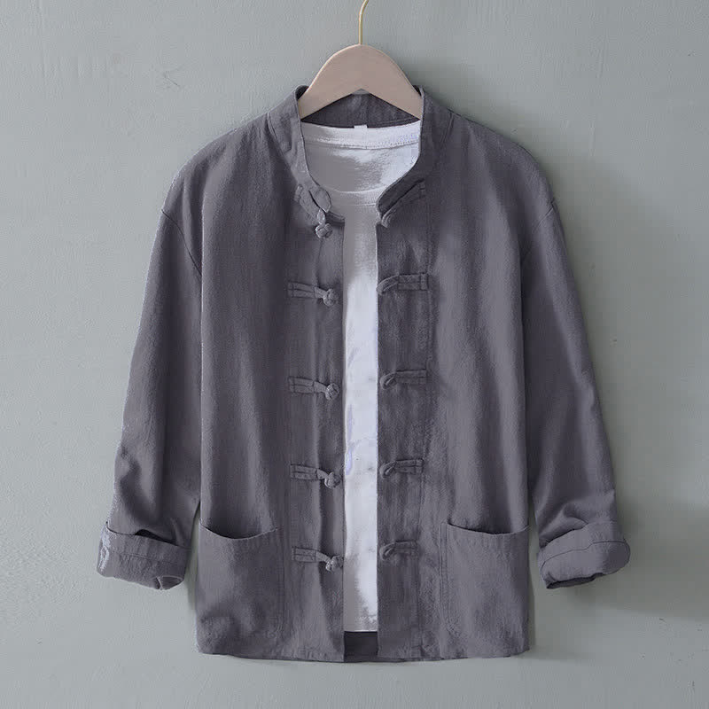 Buddha Stones Frog-Button Chinese Tang Suit Cotton Linen Men Shirt With Pockets - Gray - US/UK/AU50，EU60 (5XL) - image 0
