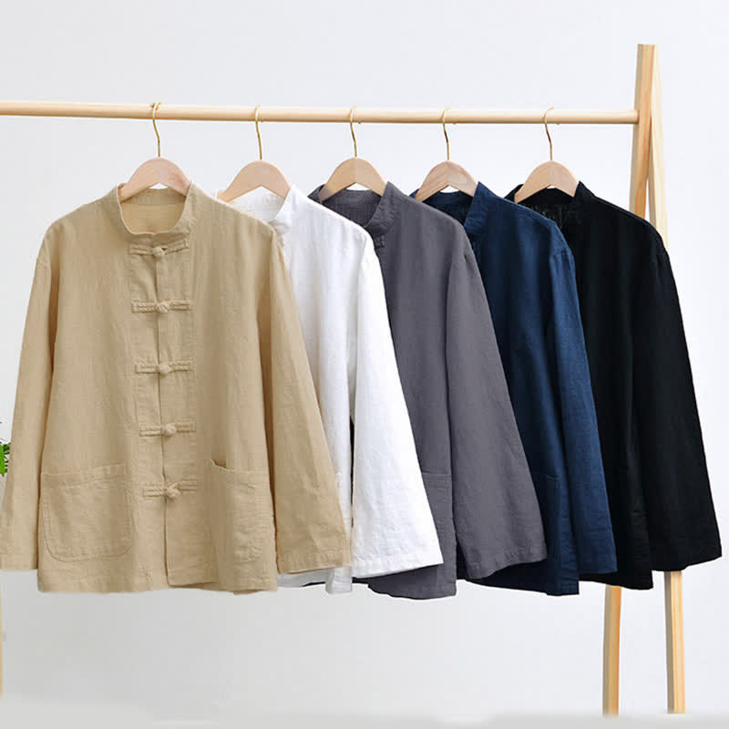Buddha Stones Frog-Button Chinese Tang Suit Cotton Linen Men Shirt With Pockets - image 1