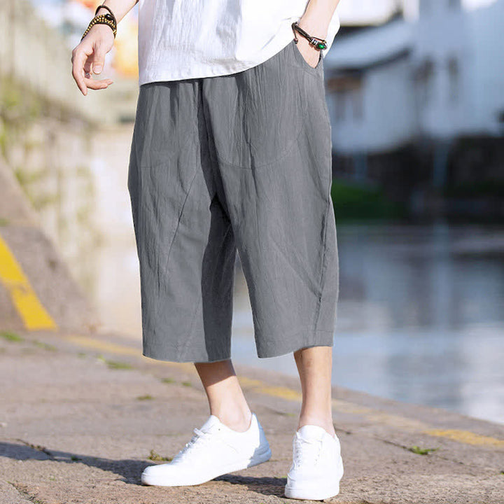 Buddha Stones Summer Plain Pleat Design Drawstring Men's 7-8 Length Pants With Pockets - Gray - US/UK/AU46，EU56 (5XL) - image 0