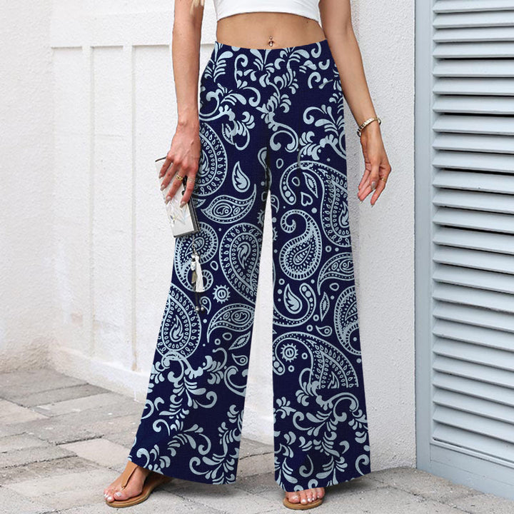 Buddha Stones Cotton Linen Vintage Paisley Pattern Women's Elastic Waist Wide Leg Pants With Pockets - image 7
