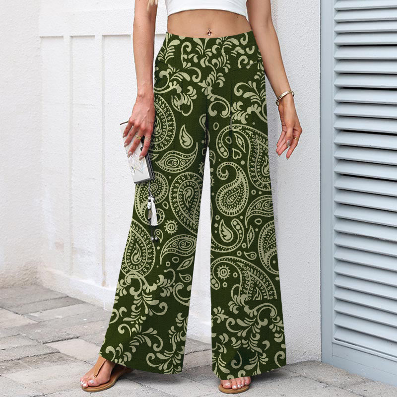 Buddha Stones Cotton Linen Vintage Paisley Pattern Women's Elastic Waist Wide Leg Pants With Pockets - image 5