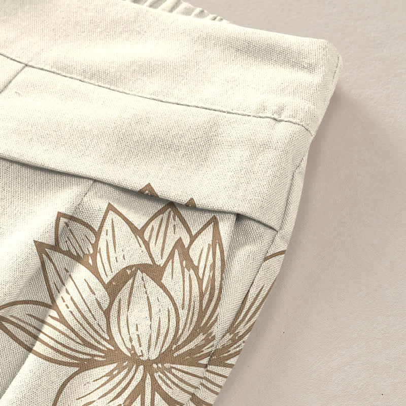 Buddha Stones Cotton Linen Vintage Lotus Line Art Pattern Women's Elastic Waist Wide Leg Pants With Pockets - image 2