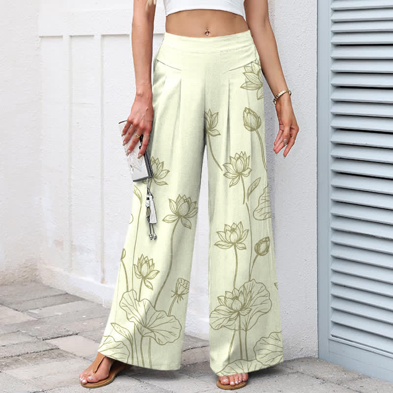 Buddha Stones Cotton Linen Vintage Lotus Line Art Pattern Women's Elastic Waist Wide Leg Pants With Pockets - image 5