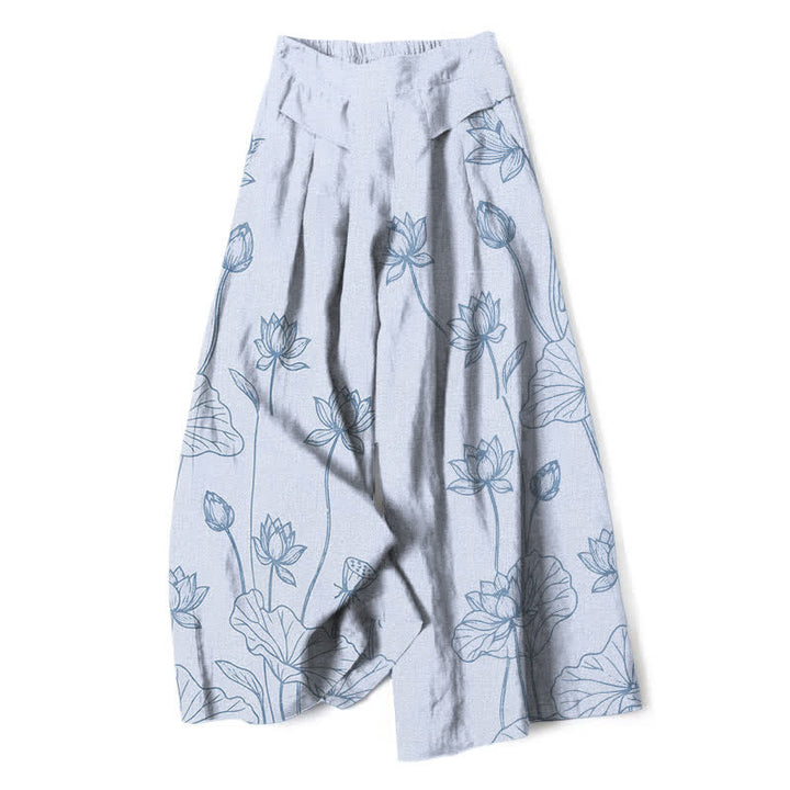 Buddha Stones Cotton Linen Vintage Lotus Line Art Pattern Women's Elastic Waist Wide Leg Pants With Pockets - AliceBlue - US16，UK/AU20，EU48 (3XL) - image 6