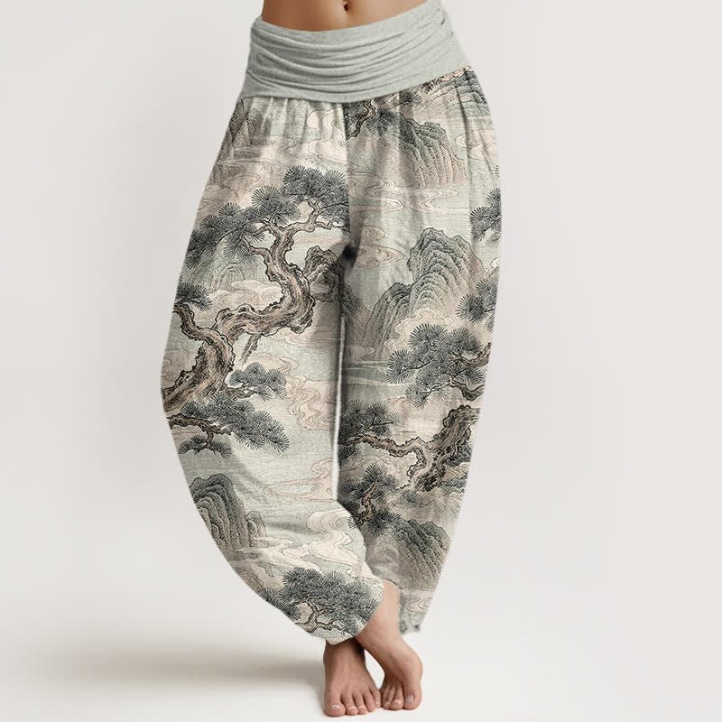 Buddha Stones Cotton Ink Wash Landscape Pattern Women's Elastic Waist Harem Pants - LightGrey - US16，UK/AU20，EU48 (3XL) - image 0