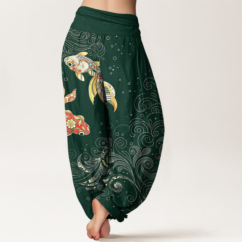 Buddha Stones Cotton Koi Fish Swirl Pattern Women's Elastic Waist Harem Pants - image 10