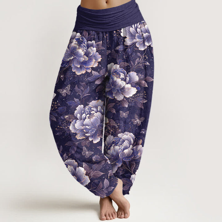Buddha Stones Cotton Peony Butterfly Pattern Women's Elastic Waist Harem Pants - Indigo - US16，UK/AU20，EU48 (3XL) - image 5