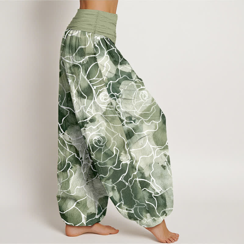 Buddha Stones Cotton White Outline Rose Pattern Women's Elastic Waist Harem Pants - image 1