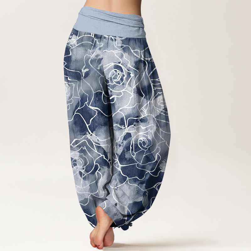 Buddha Stones Cotton White Outline Rose Pattern Women's Elastic Waist Harem Pants - image 7