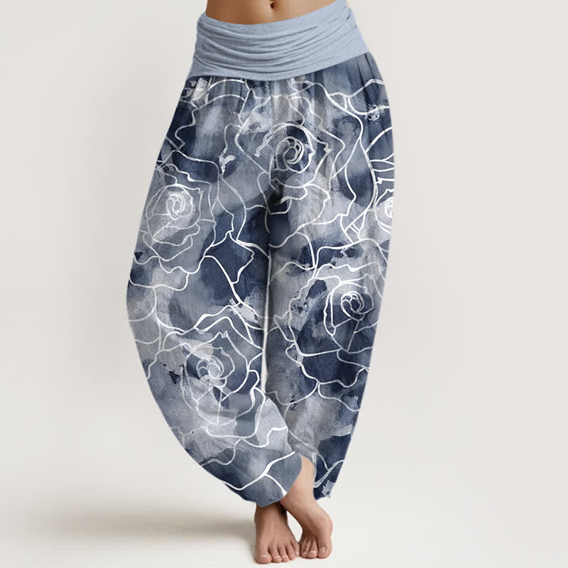 Buddha Stones Cotton White Outline Rose Pattern Women's Elastic Waist Harem Pants - LightBlue - US16，UK/AU20，EU48 (3XL) - image 5