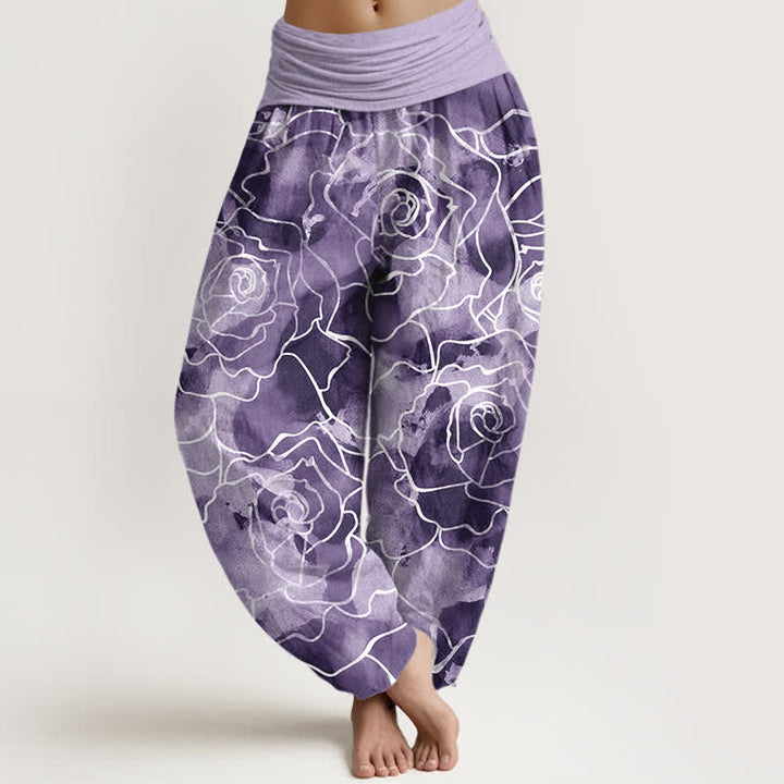 Buddha Stones Cotton White Outline Rose Pattern Women's Elastic Waist Harem Pants - MediumPurple - US16，UK/AU20，EU48 (3XL) - image 8