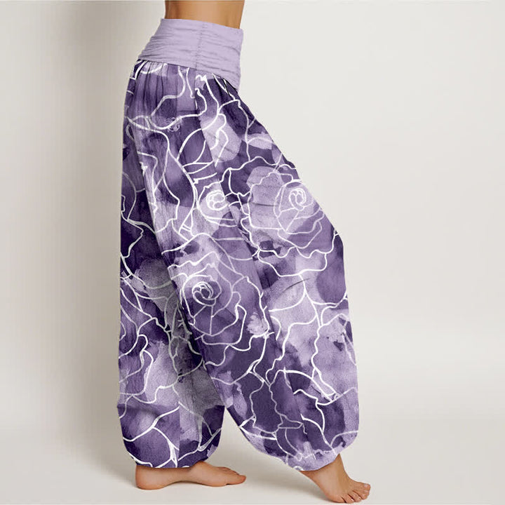 Buddha Stones Cotton White Outline Rose Pattern Women's Elastic Waist Harem Pants - image 9