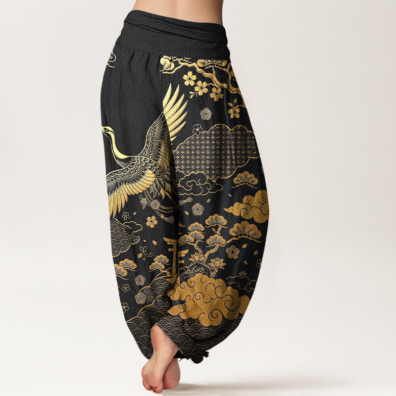 Buddha Stones Cotton Golden Crane Cloud Pattern Women's Elastic Waist Harem Pants - image 2