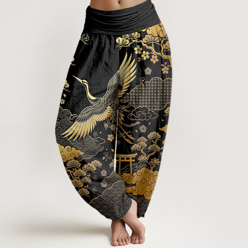 Buddha Stones Cotton Golden Crane Cloud Pattern Women's Elastic Waist Harem Pants - Black - US16，UK/AU20，EU48 (3XL) - image 0