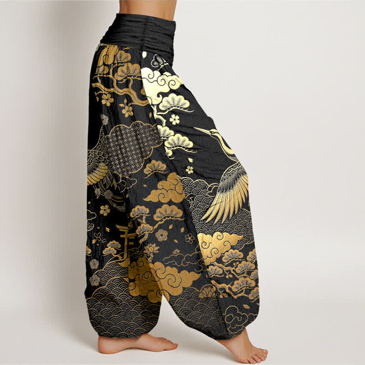 Buddha Stones Cotton Golden Crane Cloud Pattern Women's Elastic Waist Harem Pants - image 1