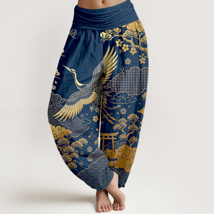 Buddha Stones Cotton Golden Crane Cloud Pattern Women's Elastic Waist Harem Pants - Navy - US16，UK/AU20，EU48 (3XL) - image 5