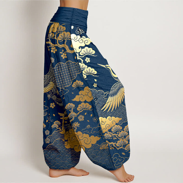 Buddha Stones Cotton Golden Crane Cloud Pattern Women's Elastic Waist Harem Pants - image 6