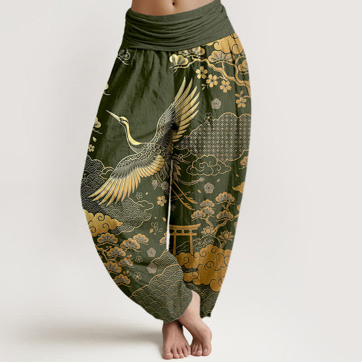 Buddha Stones Cotton Golden Crane Cloud Pattern Women's Elastic Waist Harem Pants - DarkOliveGreen - US16，UK/AU20，EU48 (3XL) - image 8