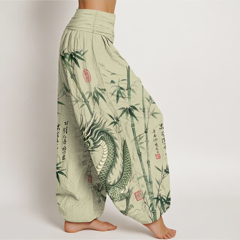 Buddha Stones Cotton Dragon Bamboo Pattern Women's Elastic Waist Harem Pants - image 1
