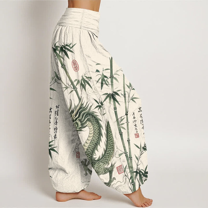 Buddha Stones Cotton Dragon Bamboo Pattern Women's Elastic Waist Harem Pants - image 9