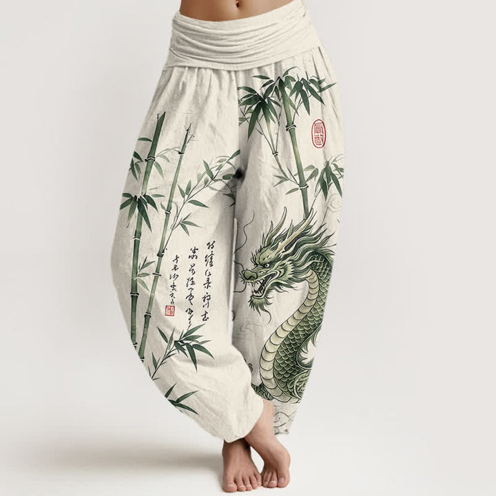 Buddha Stones Cotton Dragon Bamboo Pattern Women's Elastic Waist Harem Pants - Ivory - US16，UK/AU20，EU48 (3XL) - image 8