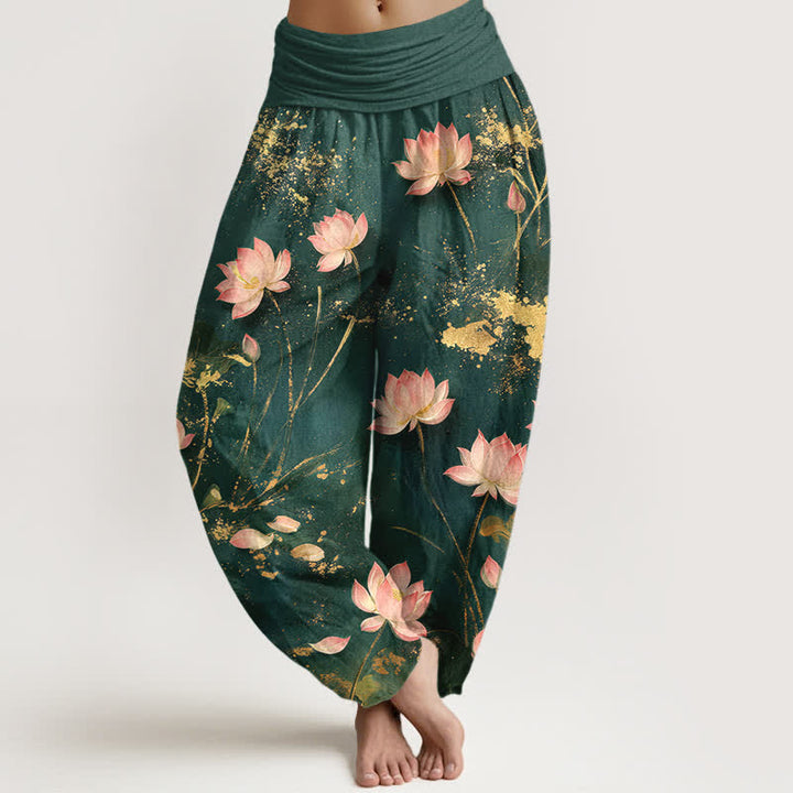 Buddha Stones Cotton Pink Lotus Gold Splash Pattern Women's Elastic Waist Harem Pants - Teal - US16，UK/AU20，EU48 (3XL) - image 0