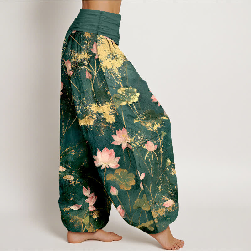 Buddha Stones Cotton Pink Lotus Gold Splash Pattern Women's Elastic Waist Harem Pants - image 2
