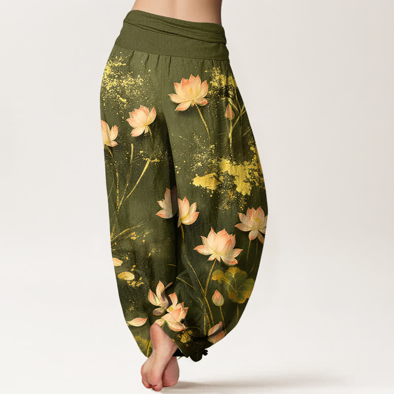 Buddha Stones Cotton Pink Lotus Gold Splash Pattern Women's Elastic Waist Harem Pants - image 10