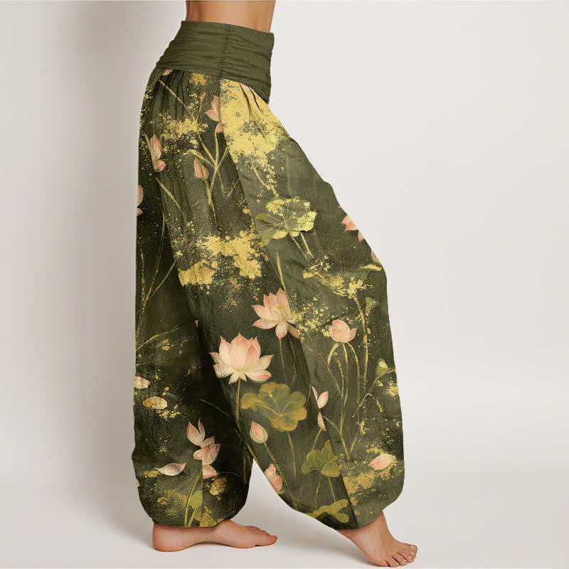 Buddha Stones Cotton Pink Lotus Gold Splash Pattern Women's Elastic Waist Harem Pants - image 9